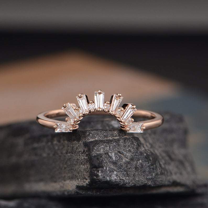 14Kt Rose gold designer Baguette Cut Chevron V Shaped Curved Natural diamond ring by diamtrendz