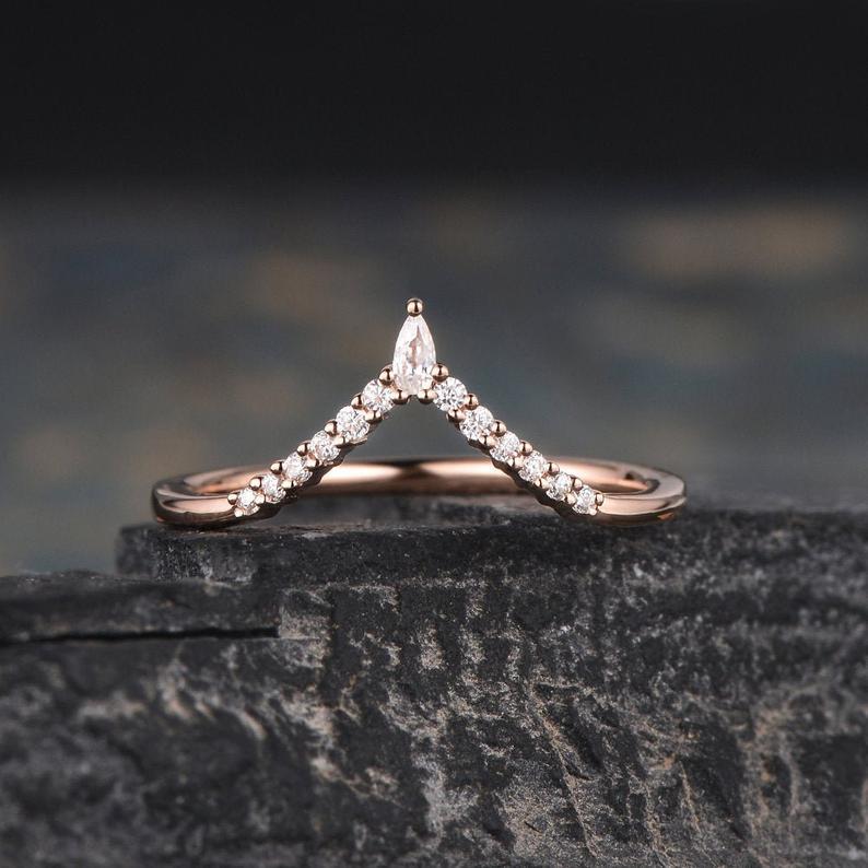 14Kt Rose gold designer Pear Cut Chevron V Shaped Curved Natural diamond ring by diamtrendz