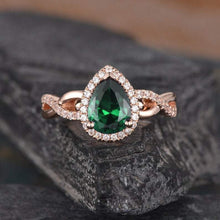 Load image into Gallery viewer, 14Kt Rose gold designer Solitaire Pear Shape Emerald, Half Eternity Twist Infinity Natural diamond Band ring by diamtrendz
