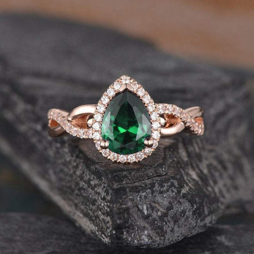 14Kt Rose gold designer Solitaire Pear Shape Emerald, Half Eternity Twist Infinity Natural diamond Band ring by diamtrendz