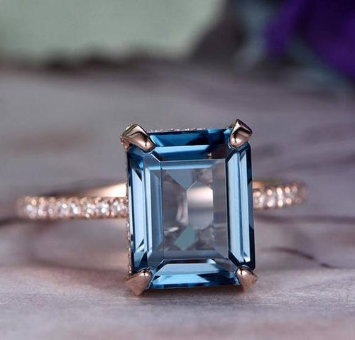 14Kt Rose Gold Designer Blue Topaz Emerald Shape Diamond Ring by Diamtrendz