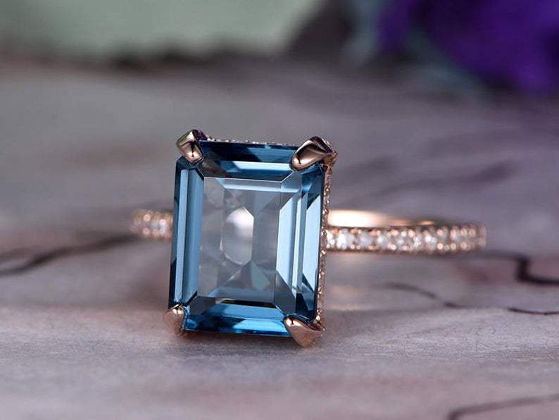 14Kt Rose Gold Designer Blue Topaz Emerald Shape Diamond Ring by Diamtrendz