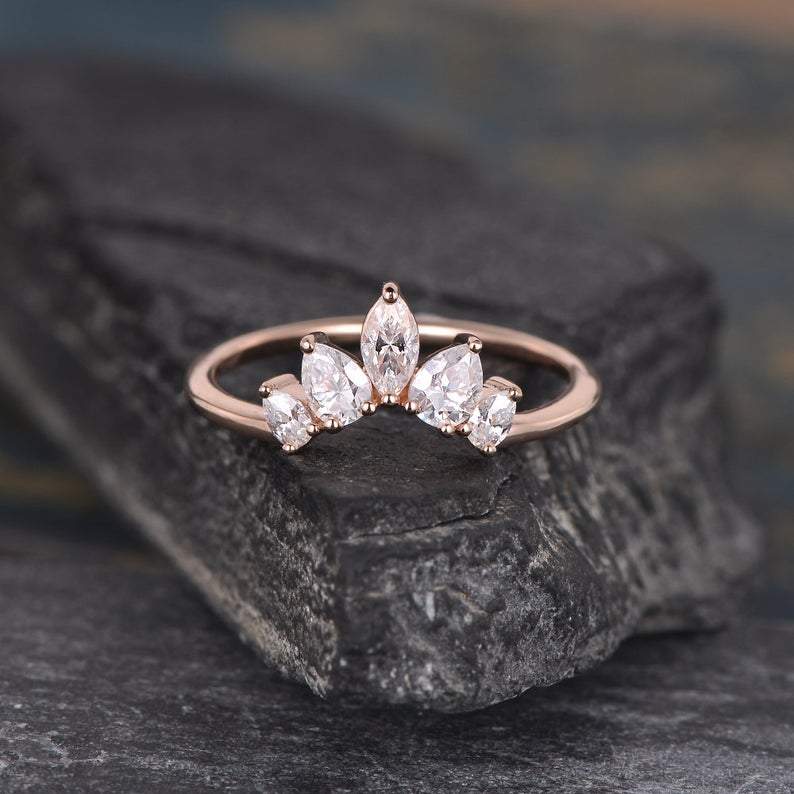 14Kt Rose gold designer Chevron V Shaped Curved Pear & Marquise Cut Natural diamond Band ring by diamtrendz