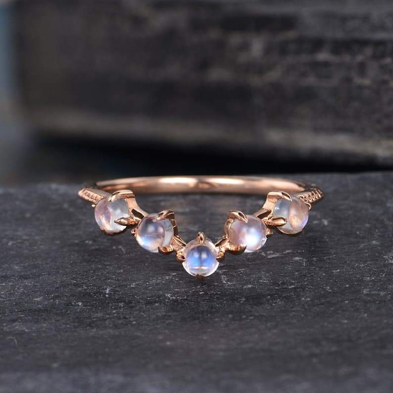 14Kt Rose gold designer Moonstone Chevron V Shaped Curved ring by diamtrendz