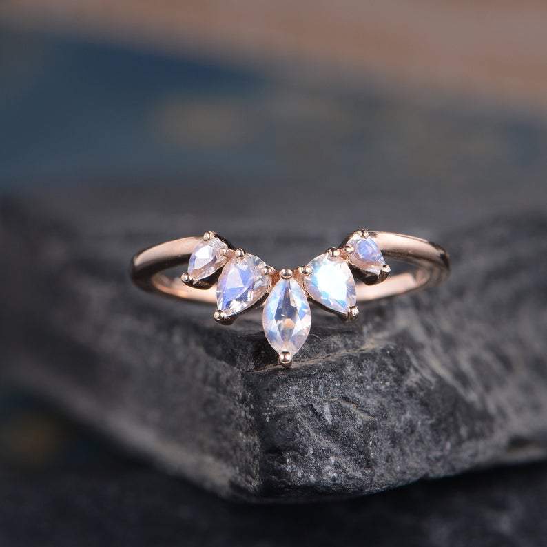 14Kt Rose gold designer Marquise Shape Pear Shape Moonstone Chevron V Shaped Curved Band ring by diamtrendz