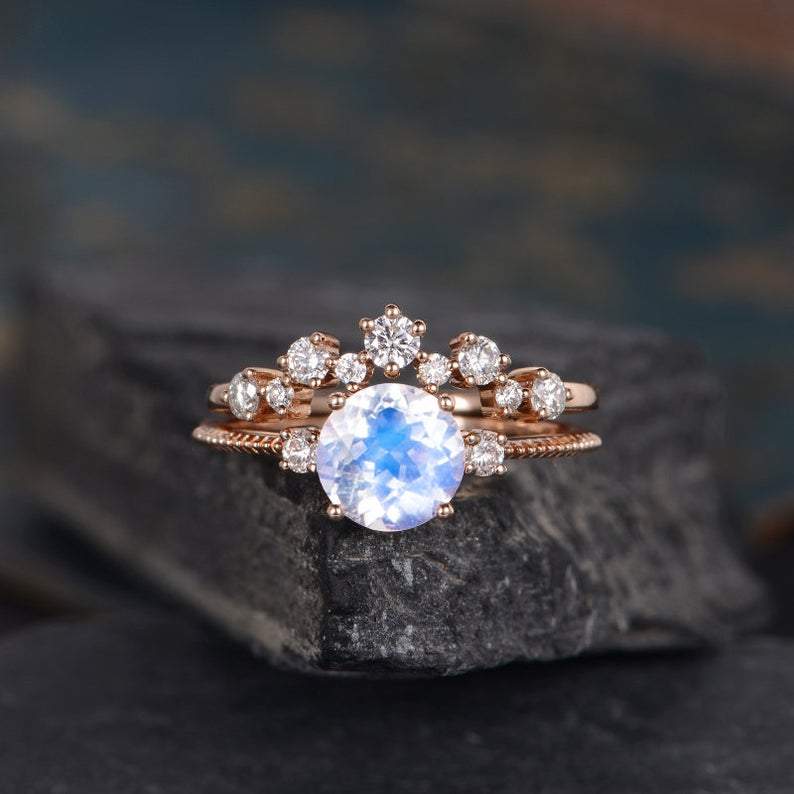 14Kt Rose gold designer Set 2 Solitaire Moonstone, Chevron V Shape Curved Natural diamond ring by diamtrendz