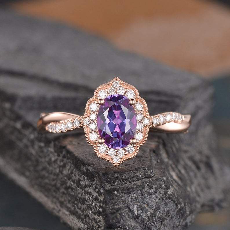 14Kt Rose gold designer Oval Shape Alexandrite, Halo Infinity Eternity Natural Diamond Ring by diamtrendz