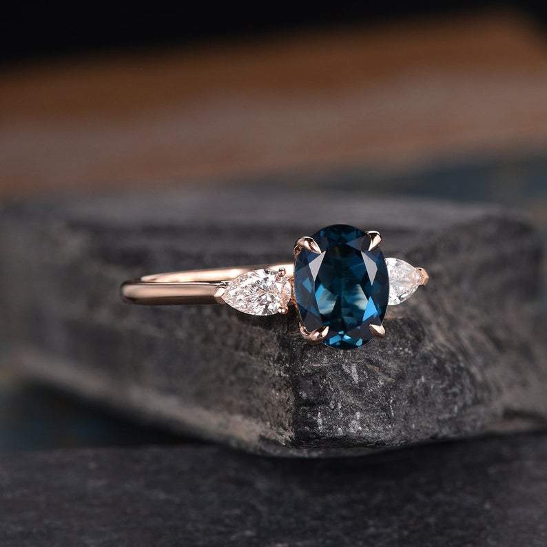 14Kt Gold Stone, Solitaire Oval Shape Blue Topaz, Pear Cut Natural  Diamond Engagement/Wedding Ring