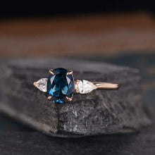 Load image into Gallery viewer, 14Kt Rose gold designer 3 Stone, Solitaire Oval Shape Blue Topaz, Pear Cut Natural diamond Band ring by diamtrendz
