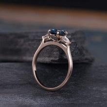 Load image into Gallery viewer, 14Kt Rose gold designer 3 Stone, Solitaire Oval Shape Blue Topaz, Pear Cut Natural diamond Band ring by diamtrendz
