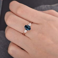 Load image into Gallery viewer, 14Kt Rose gold designer 3 Stone, Solitaire Oval Shape Blue Topaz, Pear Cut Natural diamond Band ring by diamtrendz
