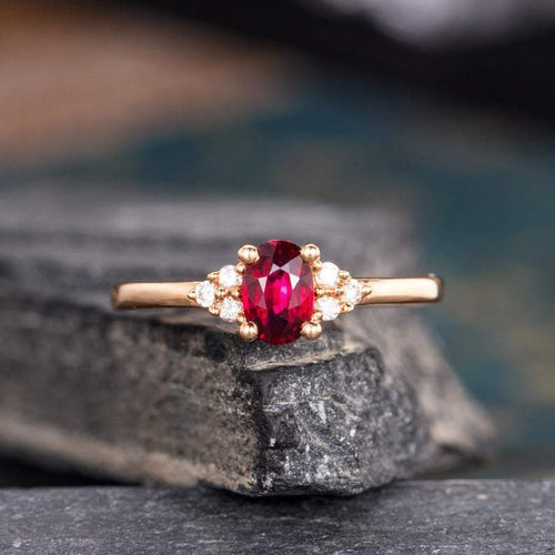 14Kt Rose gold designer Solitaire Oval Shape Ruby, Cluster Natural diamond ring by diamtrendz