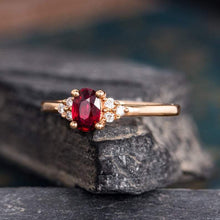 Load image into Gallery viewer, 14Kt Rose gold designer Solitaire Oval Shape Ruby, Cluster Natural diamond ring by diamtrendz

