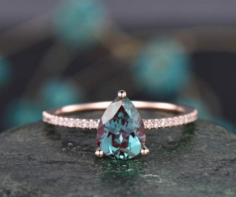 14Kt Rose gold designer Solitaire Pear Shape Alexandrite, Natural diamond ring by diamtrendz
