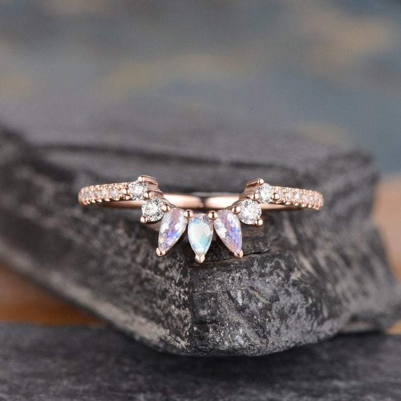 14Kt Rose gold designer Pear Shape Moonstone Chevron V Shaped Curved Natural diamond Band ring by diamtrendz