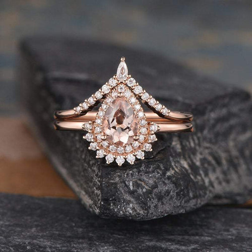 14Kt Rose gold designer Set 2 Solitaire Pear Shape Morganite, Chevron V Shaped Curved Natural diamond ring by diamtrendz