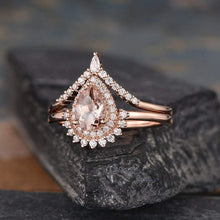 Load image into Gallery viewer, 14Kt Rose gold designer Set 2 Solitaire Pear Shape Morganite, Chevron V Shaped Curved Natural diamond ring by diamtrendz
