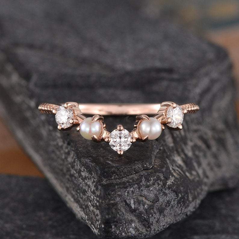 14Kt Rose gold designer Pearl, Chevron V Shaped Curved Natural diamond ring by diamtrendz