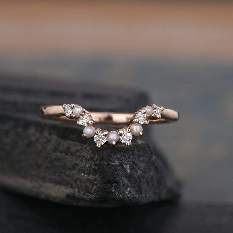 14Kt Rose gold designer Pearl Chevron V Shaped Curved Natural diamond ring by diamtrendz