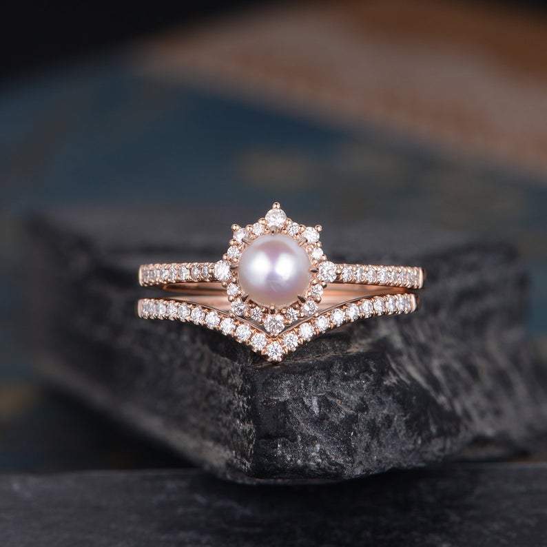 14Kt Rose gold designer Pearl Chevron V Shaped Curved Natural diamond ring by diamtrendz
