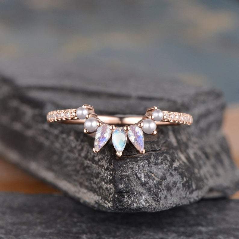 14Kt Rose gold designer Pear Shape Moonstone Pearl Natural diamond ring by diamtrendz