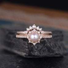 Load image into Gallery viewer, 14Kt Rose gold designer Pearl, Chevron V Shaped Curved Natural diamond ring by diamtrendz

