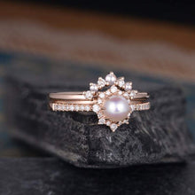 Load image into Gallery viewer, 14Kt Rose gold designer Pearl, Chevron V Shaped Curved Natural diamond ring by diamtrendz

