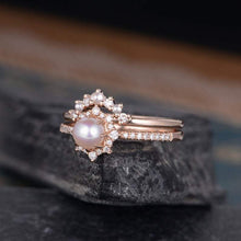 Load image into Gallery viewer, 14Kt Rose gold designer Pearl, Chevron V Shaped Curved Natural diamond ring by diamtrendz

