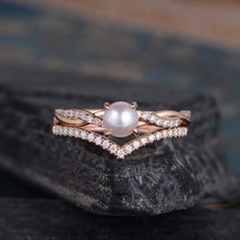 Load image into Gallery viewer, 14Kt Rose gold designer Pearl, Chevron V Shaped Curved Natural diamond ring by diamtrendz
