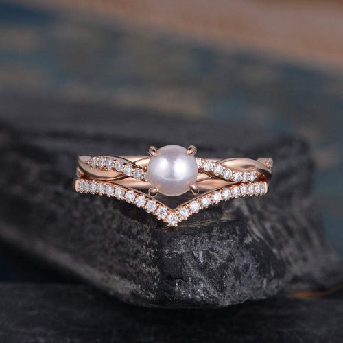 14Kt Rose gold designer Pearl, Chevron V Shaped Curved Natural diamond ring by diamtrendz