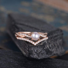 Load image into Gallery viewer, 14Kt Rose gold designer Pearl, Chevron V Shaped Curved Natural diamond ring by diamtrendz
