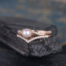 Load image into Gallery viewer, 14Kt Rose gold designer Pearl, Chevron V Shaped Curved Natural diamond ring by diamtrendz
