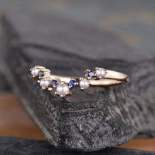 Load image into Gallery viewer, 14Kt Rose gold designer Pearl, Sapphire, Chevron V Shaped Curved Band ring by diamtrendz

