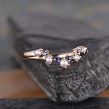 Load image into Gallery viewer, 14Kt Rose gold designer Pearl, Sapphire, Chevron V Shaped Curved Band ring by diamtrendz
