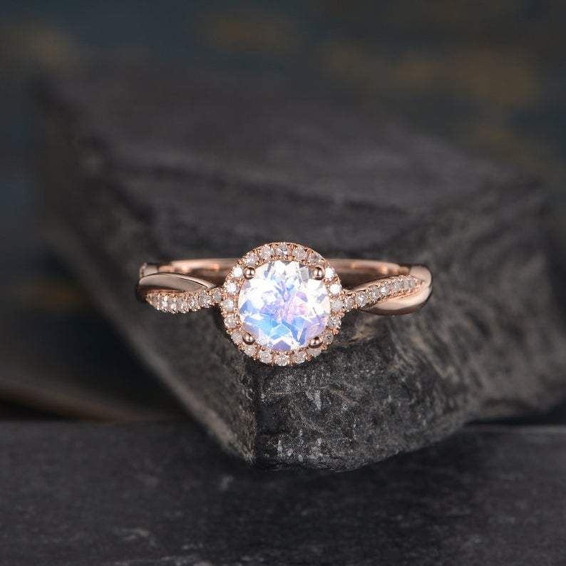14Kt Rose gold designer Solitaire Moonstone, Halo Eternity Natural diamond ring by diamtrendz