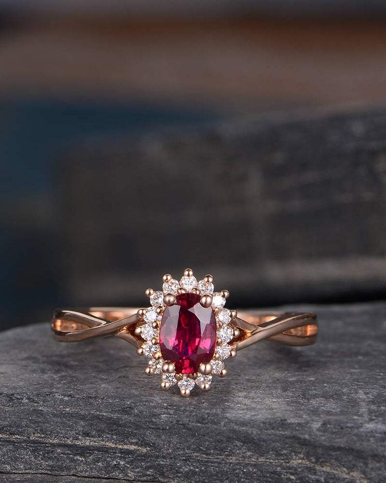 14Kt Rose gold designerSolitaire Oval Shape Ruby, Natural diamond ring by diamtrendz