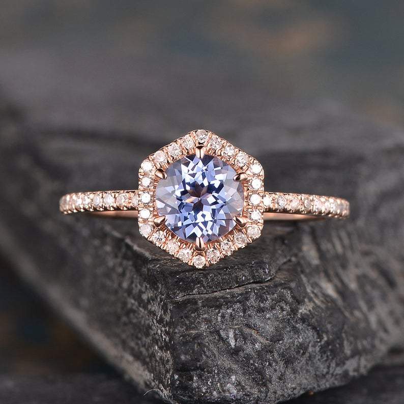 14Kt Rose gold designer Solitaire Sapphire,  Hexagon Natural diamond ring by diamtrendz