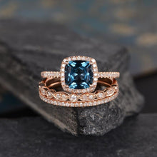 Load image into Gallery viewer, 14Kt Rose gold designer Set 3 Solitaire Cushion Shape Blue Topaz , Eternity Natural diamond ring by diamtrendz
