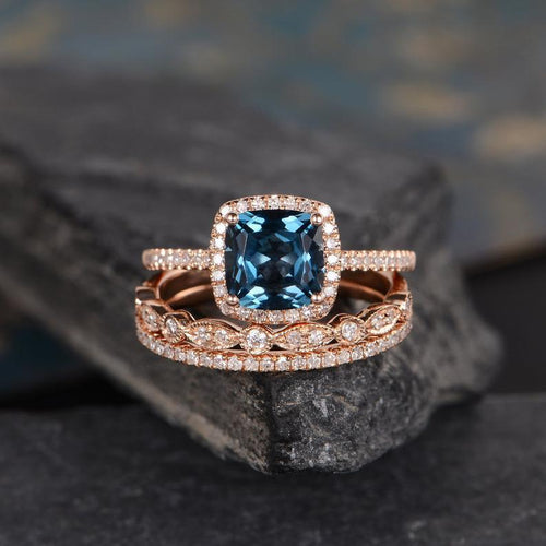14Kt Rose gold designer Set 3 Solitaire Cushion Shape Blue Topaz , Eternity Natural diamond ring by diamtrendz