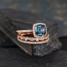 Load image into Gallery viewer, 14Kt Rose gold designer Set 3 Solitaire Cushion Shape Blue Topaz , Eternity Natural diamond ring by diamtrendz
