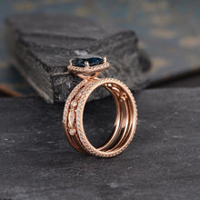 Load image into Gallery viewer, 14Kt Rose gold designer Set 3 Solitaire Cushion Shape Blue Topaz , Eternity Natural diamond ring by diamtrendz
