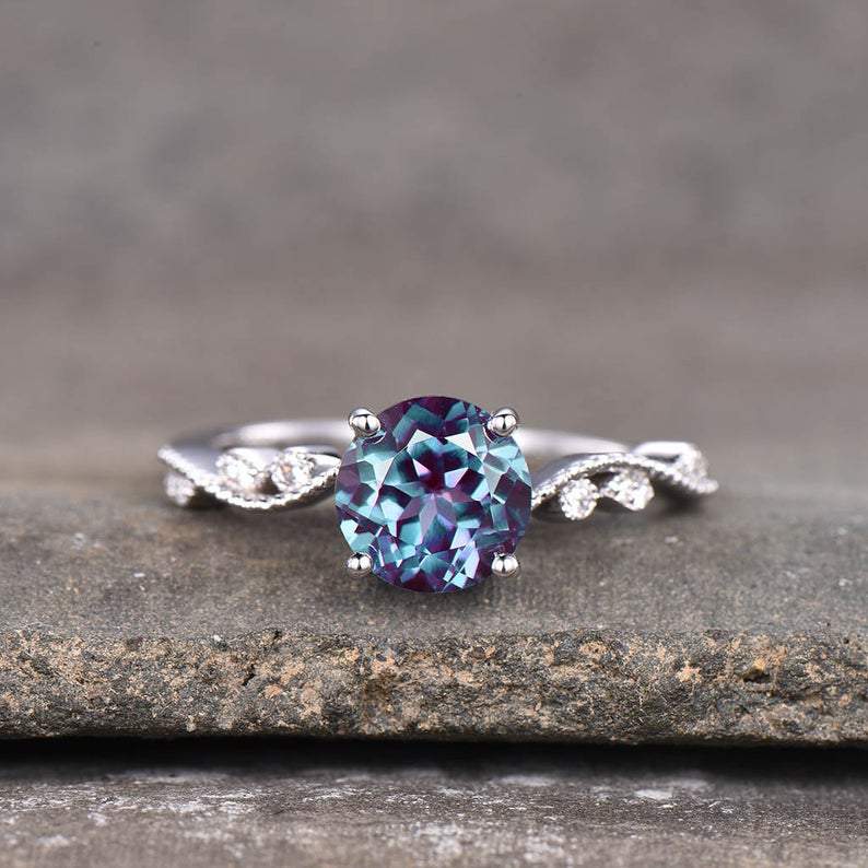 14Kt White gold designer Solitaire Alexandrite, Natural diamond ring by diamtrendz