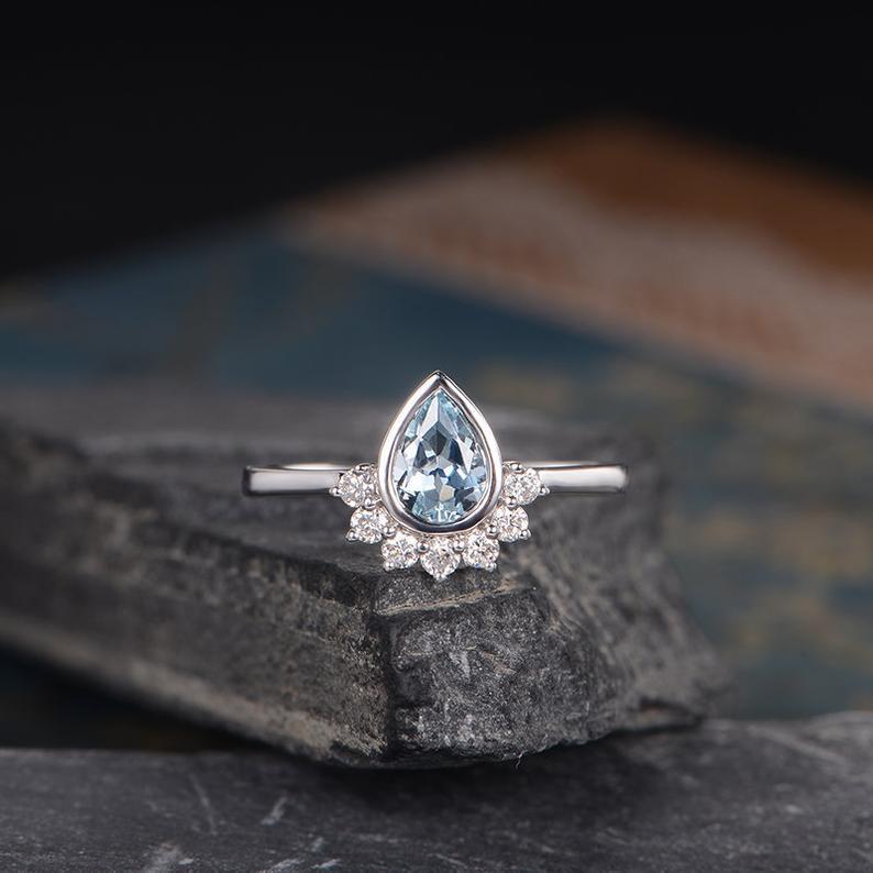 14Kt White gold designer Solitaire Pear Shape Aquamarine, Bezel Setting, Chevron diamond ring by diamtrendz