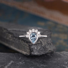 Load image into Gallery viewer, 14Kt White gold designer Solitaire Pear Shape Aquamarine, Bezel Setting, Chevron diamond ring by diamtrendz
