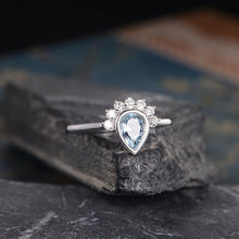 Load image into Gallery viewer, 14Kt White gold designer Solitaire Pear Shape Aquamarine, Bezel Setting, Chevron diamond ring by diamtrendz
