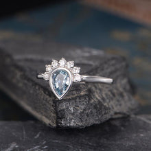 Load image into Gallery viewer, 14Kt White gold designer Solitaire Pear Shape Aquamarine, Bezel Setting, Chevron diamond ring by diamtrendz
