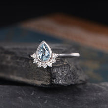 Load image into Gallery viewer, 14Kt White gold designer Solitaire Pear Shape Aquamarine, Bezel Setting, Chevron diamond ring by diamtrendz
