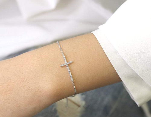 14Kt White Gold Chain Cross Natural Diamond Charm Bracelet