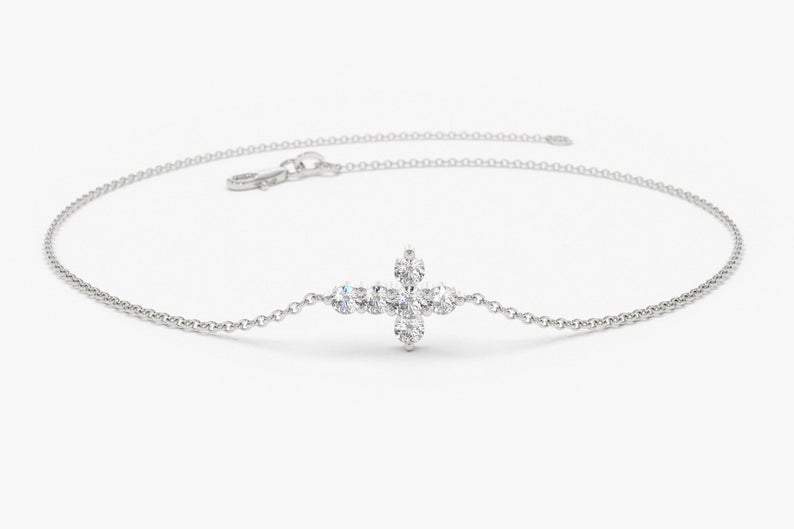 14Kt White Gold Cross Natural Diamond Charm Bracelet