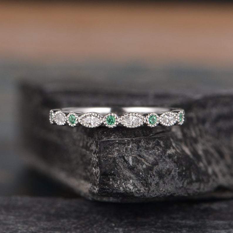 14Kt White gold designer Emerald Gemstone, Half Eternity Marquise Cut Natural diamond Band ring by diamtrendz